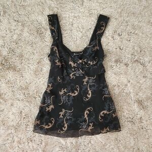 AB Studio Sleeveless Tie Back Blouse Black with Silver and Bronze‎ Floral Small
